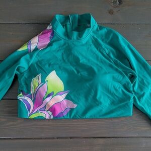 Athleta Teal Floral Rash Guard Swim Top Long Sleeve Mock Neck Size L